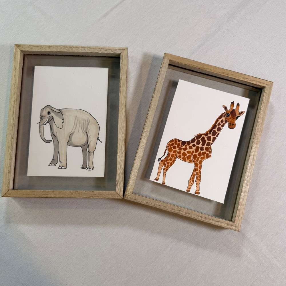 Framed Art Kids 6x8 Brown Good Hand Painted Elephant Giraffe Safari Set Nursery